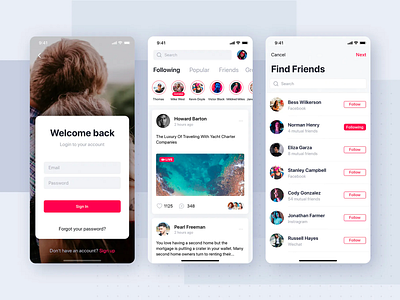 Social Media App app ui find friends follow friends home screen login post screen social media app