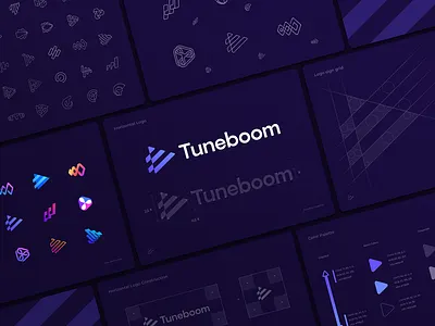 Tuneboom Logo Design Process app icon artist branding carrier chart distribution gradient identity logo media music optical illusion platform play button play logo portal stairs steps stripes video logo