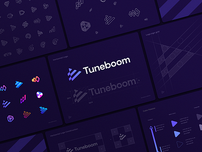 Tuneboom Logo Design Process app icon artist branding carrier chart distribution gradient identity logo media music optical illusion platform play button play logo portal stairs steps stripes video logo