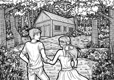 Surprise blindfolded boyfriend cabin cottage dense girlfriend hidden isolated lead leading lover nature secluded small surprise tree trees wood wooden woods