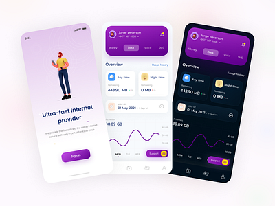 Internet Provider - App UI Design app app design app ui darkmode data design interface design internet app internet provider iphone x mobile app mobile app design mobile apps mobile data provider app service app trend ui design ui designer user interface design