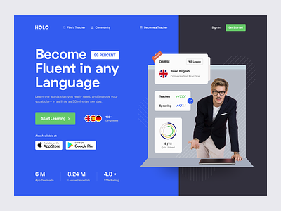 Holo - Hero Section for SaaS e-Learning blue clean design education hero landing page learning minimal section ui uiux web design website
