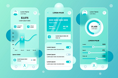 Glassmorphic Banking Mobile App UI Kit app banking blurred frosted glass glassmorphic glassmorphism gradient gui kit mobile neumorphic neumorphism online payment responsive transparent ui ux vector