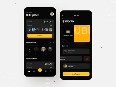 Bill Split App UI ( Dark Mode) 3d app app design bill split clean concept design flat food app food app design illustration minimal minimalist mobile app mockup modern split bill ui uiux ux