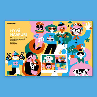 How to be a good neighbour character colorful cute editorial illustration flat color friendly fun illustration leena kisonen magazine illustration scandinavian