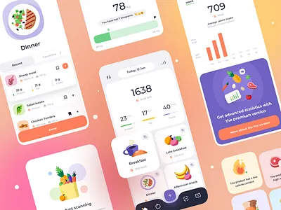 Nutrition app 🍊 app application box breakfast cards design dinner fruits green icons illustration ios jzin lunch mobile orange pink ui ux violet