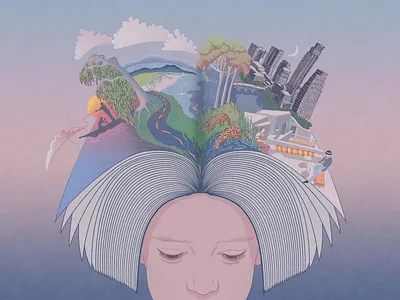 Boundless adobe photoshop conceptual digital illustration editorial feminine graphic illustration pastel colours reading travel wacom intuos