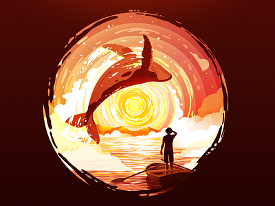 Whale boat circle circleart fish illustration inspire jump landscape nature negative ocean popular proart prokopenko radiance sea style vector water whale