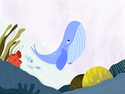 Whale character childrens illustration concept coral cute fish flat style hand drawn illustration sea seaweed underwater world vector watercolor whale
