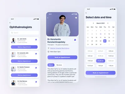 Doctor Here - medical mobile app design booking app button calendar card design details search time typography ui user experience user interface ux