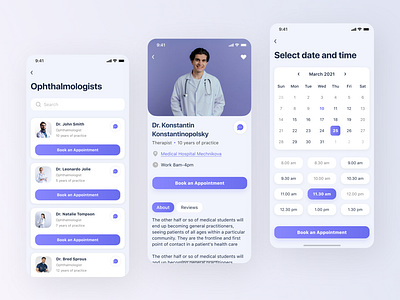 Doctor Here - medical mobile app design booking app button calendar card design details search time typography ui user experience user interface ux