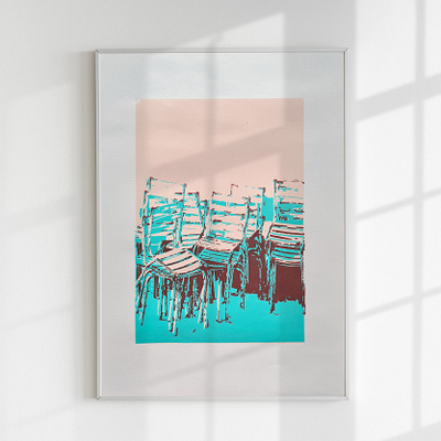 Summer chairs art colors france illustration linocut print summer