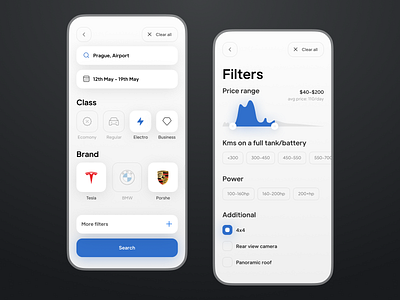 Car Rent Filters iOS App UX UI app blue car rent cars electrocar figma filters interface ios mobile price range search tesla ui uidesign ux uxdesign