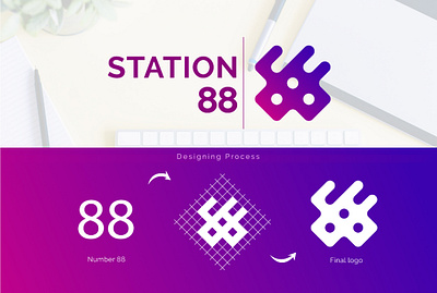 Creative Grid logo | Station 88 restaurant 88 logo creative logo futuristic grid logo logo mark number 88 purple gradient restaurant logo tech logo violet color