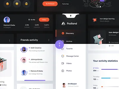 Podland - Light&Dark 😃 activity app chart charts component dark dashboard design emoji icon menu menu design minimal music playlist podcast premium profile score ui