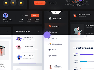 Podland - Light&Dark 😃 activity app chart charts component dark dashboard design emoji icon menu menu design minimal music playlist podcast premium profile score ui