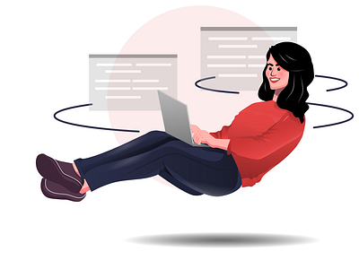 Women working on a laptop coder coding design developer development flying happy illustration laptop on air procreate programmer programming ui uiux vector