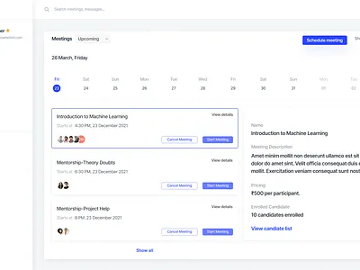 Dashboard meetings page design frontend development html css html5 reactjs web web design website website builder