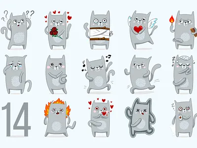 14 Cats Rule Vector Stickers cat chat design emotions illustration kitten lovecat skype sticker telegram vector viber whatsapp