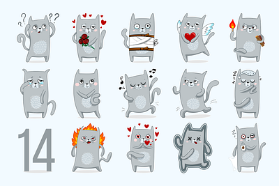 14 Cats Rule Vector Stickers cat chat design emotions illustration kitten lovecat skype sticker telegram vector viber whatsapp