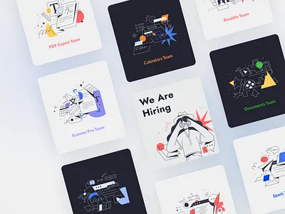 Readdle Job Cards art branding cards character colorful design flat geometric hiring illustration illustrator ios job macos productivity readdle simple stroke team work