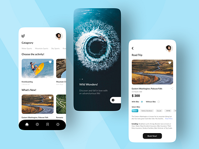 Outdoor Activity App adventure adventure lovers keeboarding mountain climbing paragliding road trip speedboat ride uidesign uiux wild wonders