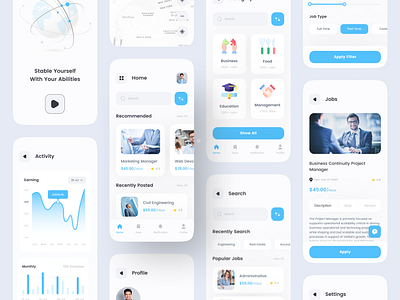 Job Finder Mobile App activity app app design app designer app ui dashboard design devignedge job job app job application job board job finder job list job listing job search mhmanik02 mobile app search ui