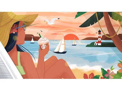Summer with Starbucks art chracter design editorial illustraion procreate