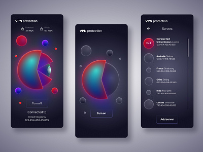 VPN App anonymous app dark darkapp darkui figma gradient ios iphone neomorphism network networking private sphere ui ux uxui virtual vpn vpn app