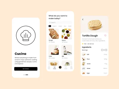Cucina Recipe App clean cooking creative design dough food homemade minimal mobile mobile app mobile design recipe recipe app recipes scratch tortilla