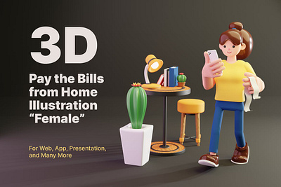 3D Pay the Bill from Home 3d animation 3d art 3d character 3d illustration agency app bill buy concept conceptual flat girl home illustration online page pay shopping vector web