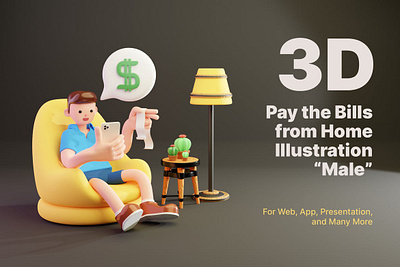 3D Pay the Bill from Home 3d animation 3d art 3d character 3d illustration agency app bill concept conceptual flat girl illustration male online page pay set shopping vector web