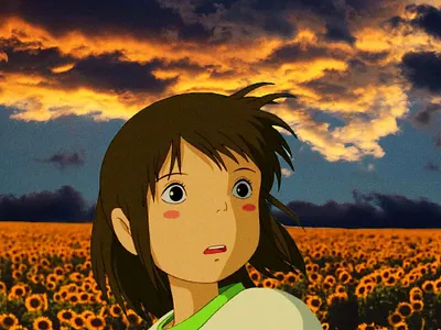 Chihiro in the Sunset adobe photoshop art artwork character creative digital digital art digitalart flowers my neighbor totoro photoshop studio ghibli sunset