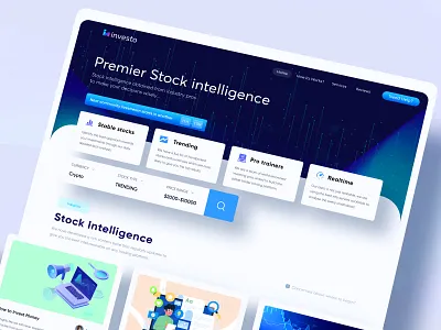 Investo stock trading web design 2d blue brand identity branding figma modern ui ux ui design web web design web design agency webdesign website website concept