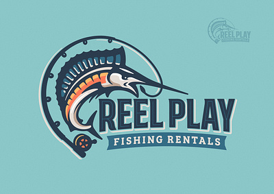 Reel Play Fishing Logo boat brand branding cast fish fishing illustration logo marlin ocean pole reel rentals rod sea shark sport sporting swordfish water