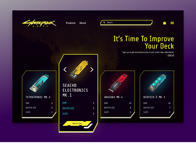Cyberpunk Shop add to cart app cyberdeck cyberpunk cyberpunk 2077 deck e shop future neon online shop product design search shop ui ui design ux web web design