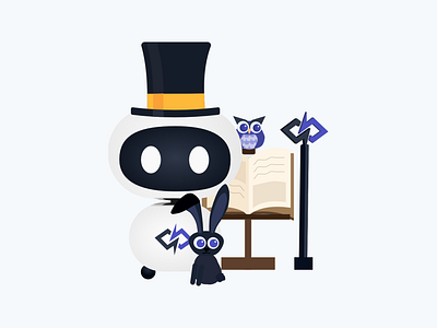 The Magician Power - Illustration 🧙‍♂️ book bunny design flat flat illustration hat illustration magic magic trick magician minimalist owl rabbit robot wand