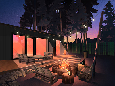 Inspiration architecture art artwork fire flashlight forest houses illustration illustration art nature art night sunset