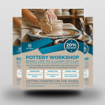 Pottery Workshop Flyer Template art ceramics chinaware clay craft creativity crockery cut earthenware hand art hand artwork handicraft handmade lesson natural oriental porcelain poster pot pottery poster