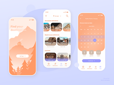 Daily UI #67: Hotel Booking blue bottom navigation calendar ui calm calming cta button dailyui dailyuichallenge day 67 dribbble popular illustration art mobile app design onboarding screen orange pastel colors purple gradient sunset landscape travel app ui uiux web design