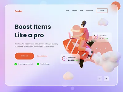 Faoter - Game Feature Boosting Web Header 3d 3d ilustration agency web design feature boositng gamer glass effect glassmorphic glassmorphism landingpage redesign trendy ui ux design web design web ui design website design