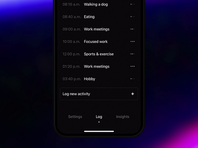 Then App: New activity interaction activity animation app dark mode dark theme design emotion emotions feelings log mobile mobile app mobile design mobile ui time tracker time tracking time tracking app timer ui video