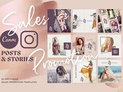 Boho Sales Promo Instagram Templates Canva - customizable editab branding canva canva template instagram post instagram stories instagram template social media design social media pack social media post social media templates