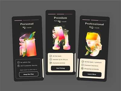 Illustrations for Pricing Pages bank app banking banking app classic credit debit finance financial fintech app gradient illustration lux money plans plants posh pricing pricing page ui ux