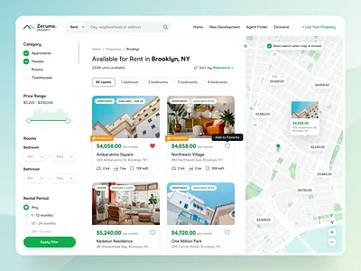 Real Estate Search Result - Zeruma apartment app design building management card dashboard development filter grid home finder house landing page map view property listing property management real estate agency renting room booking ui design web design