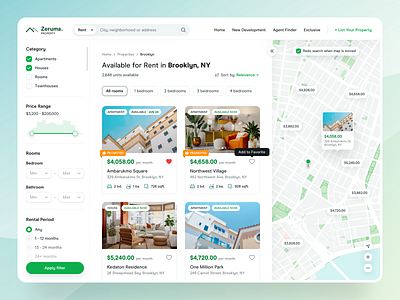 Real Estate Search Result - Zeruma apartment app design building management card dashboard development filter grid home finder house landing page map view property listing property management real estate agency renting room booking ui design web design