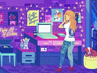 It was all a dream... author character character design colors desk dog doggo enviroment purple record player room writing