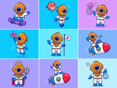 Diver🌊🧑🏻‍🚀 activity character cute diver diver suit diving flag helmet icon illustration jelly fish king logo sea skateboard snorkling star fish submarine underwater