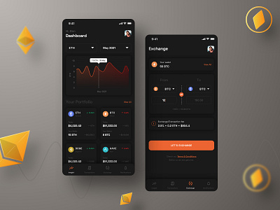 Crypto Wallet & Exchange bitcoin bitcoin exchange crypto cryptocurrency dark dashboard design etherium exchange gradient graphic icon minimal orange tabbar typography ui ux vector wallet