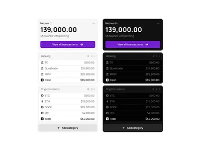 Net Worth Dashboard – Light & Dark Mode bankingapp darkmodeui dashboarddesign financeui fintechdesign lightmodeui minimalui ui ui design ux ux design